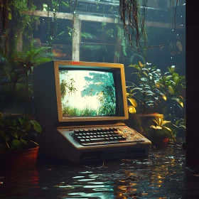 Nature Reclaims Old Computer in Flooded Space