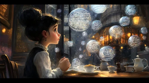 Enchanted Girl with Floating Text Spheres