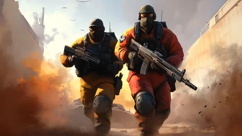 Armed Soldiers Marching Through Battlefield