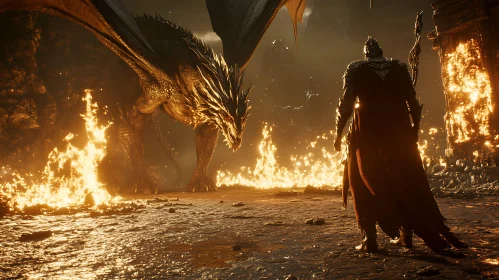 Warrior Facing Dragon in Fiery Arena