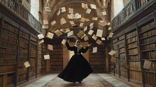 Woman in Library with Levitating Books