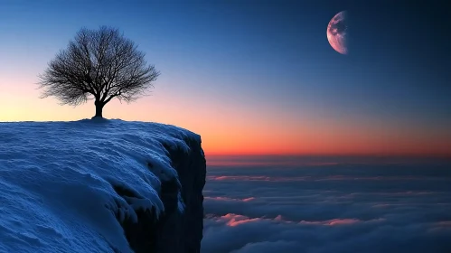 Snowy Cliff with Tree and Moon