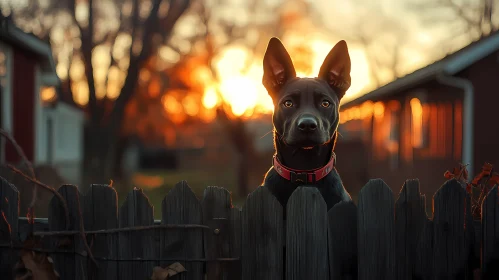 Dog Watching Sunset from Fence