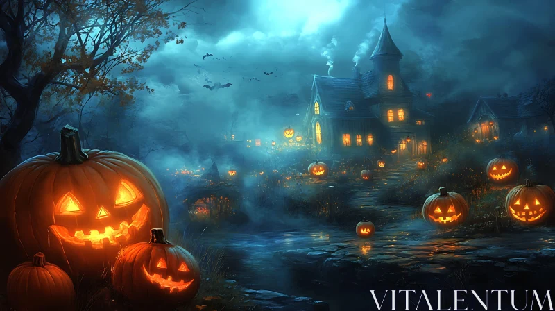 Spooky Pumpkins on Halloween Night AI Image