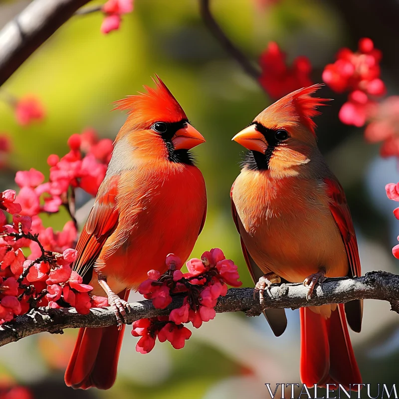 Two Cardinals on a Flowering Branch AI Image