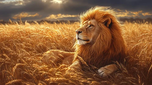 Lion Resting in Wheat Field at Sunset