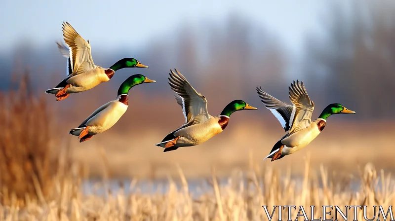 Ducks Flying Over the Field AI Image