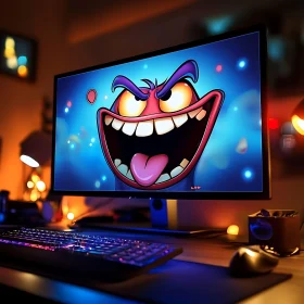 Playful Cartoon Character on Monitor in Cozy Workspace