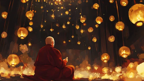 Meditative Monk Surrounded by Glowing Lanterns