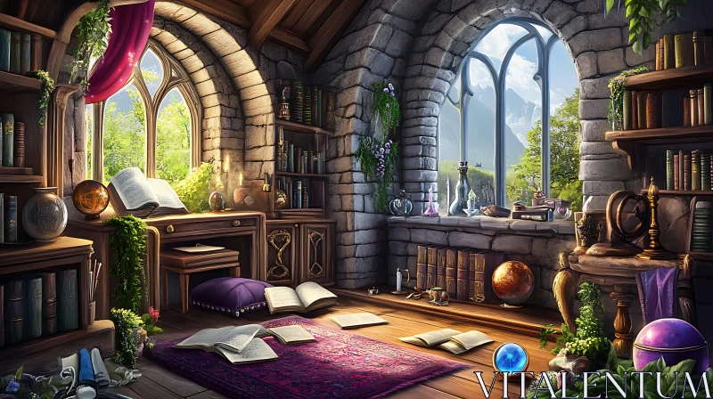 Cozy Library Room with Stone Walls AI Image