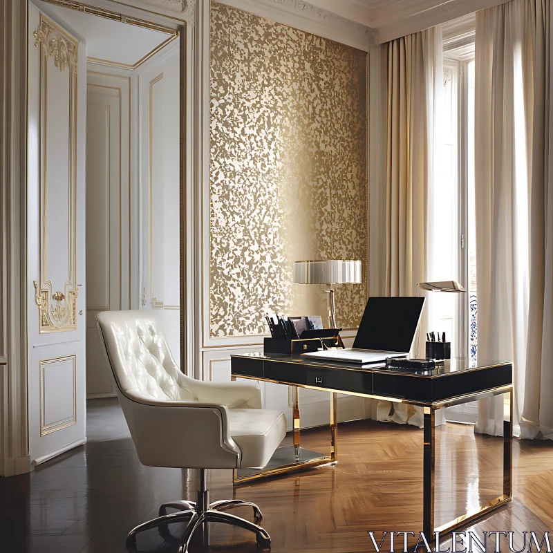 Elegant Workspace with Leather Chair and Gold Trim AI Image