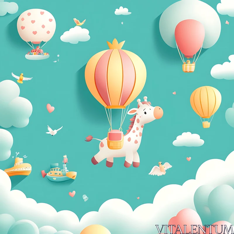 AI ART Whimsical Giraffe Floating in the Sky