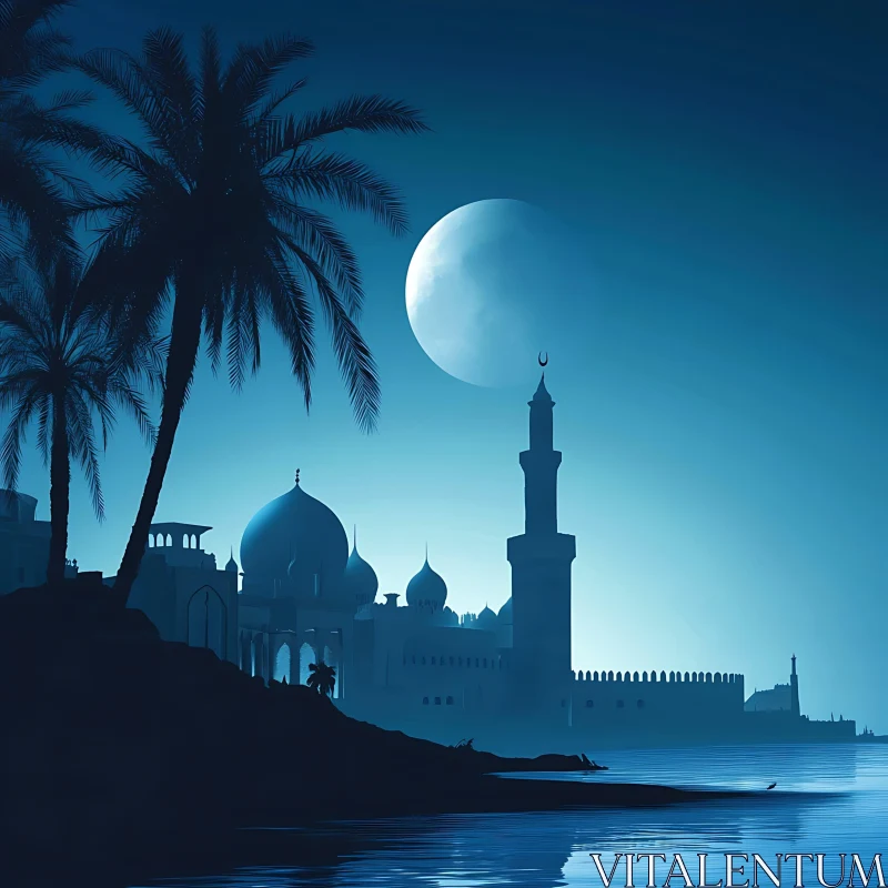 Night Cityscape with Mosque and Moon AI Image