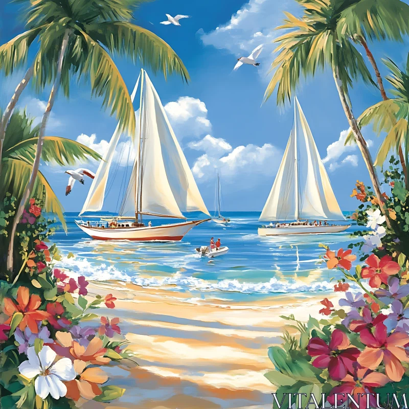 AI ART Peaceful Sailboats on a Tropical Beach