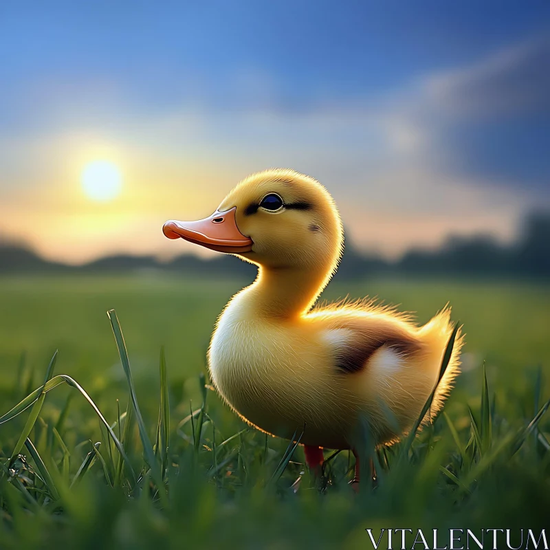 Yellow Duckling in Meadow at Sunset AI Image