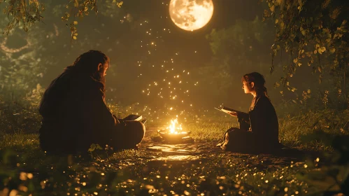 Campfire Readers Under Moonlit Night