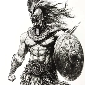 Monochrome Drawing of a Muscular Warrior