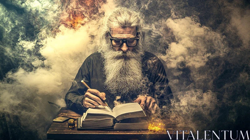 Man with Beard Writing in Book AI Image