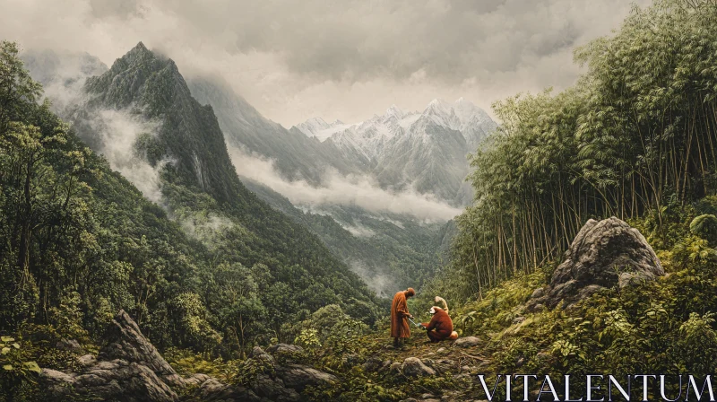 Enigmatic Encounter in the Misty Mountains AI Image