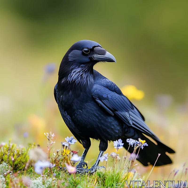 Dark Bird in a Floral Meadow AI Image