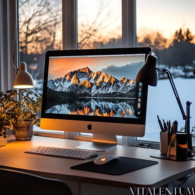 Modern Office Desk Setup with Sunset View AI Image