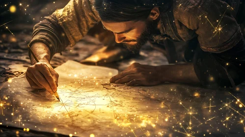 Man engrossed in drawing vintage map