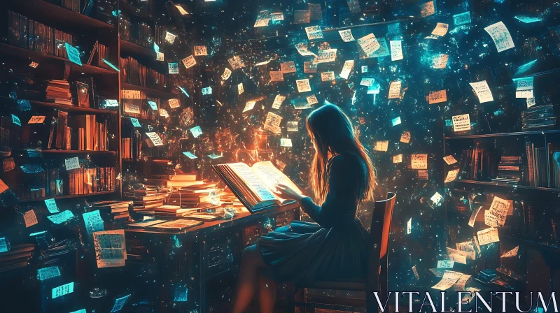 AI ART Woman Reading in Magical Floating Notes Library