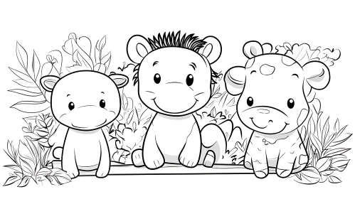 Charming Cartoon Illustration of a Hippo, Lion, and Cow