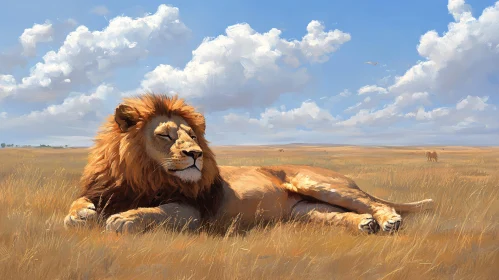 Lion Resting in Golden Grasses