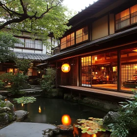 Serene Japanese House with Lantern and Pond