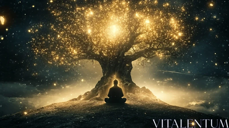 AI ART Person Meditating Under a Glowing Tree