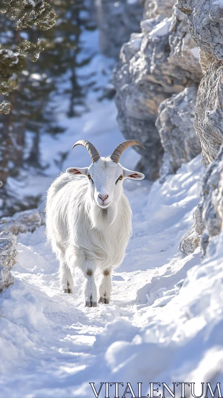 Goat on Snowy Mountain Path AI Image