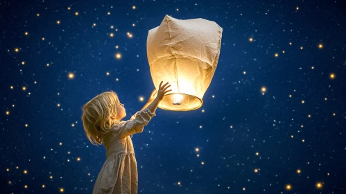 Child with Sky Lantern at Night