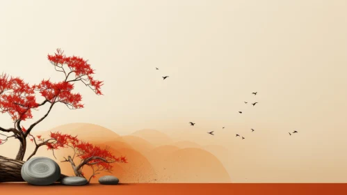 Abstract Red Trees and Birds Wallpaper in Japanese-style Landscape