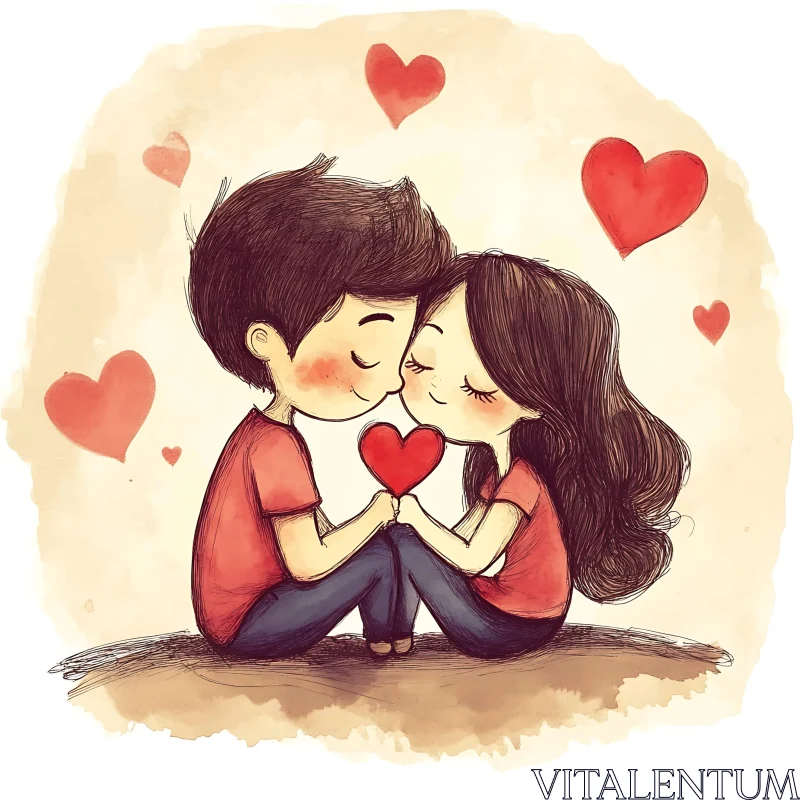 Cartoon Illustration of a Romantic Couple AI Image