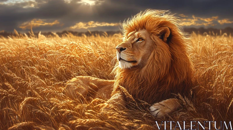 AI ART Lion Resting in Wheat Field at Sunset