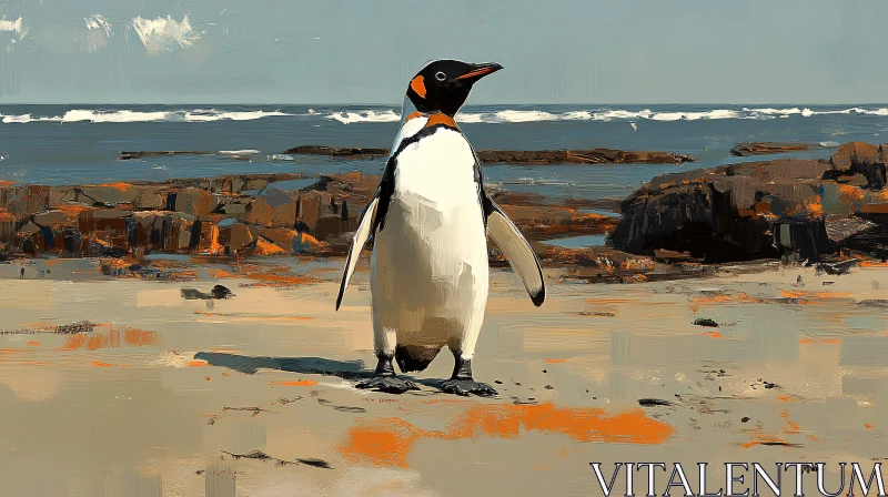 Artistically Styled Penguin on Beach AI Image