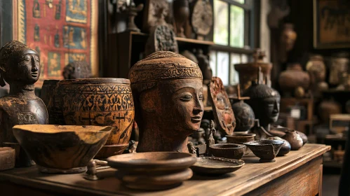 Antique Wooden Sculptures and Bowls