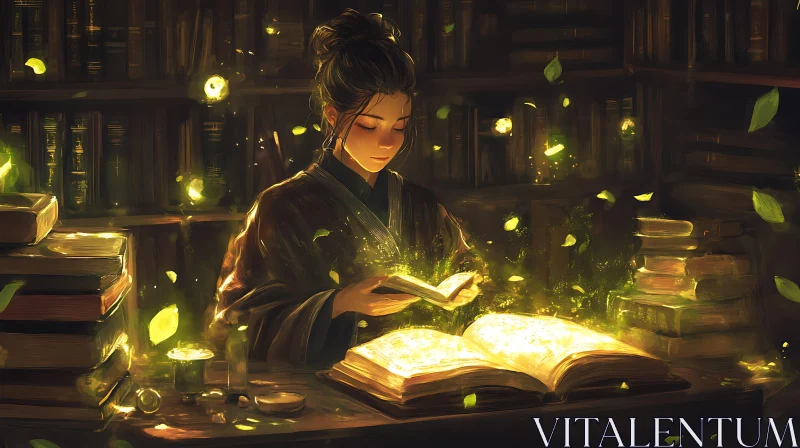 AI ART Woman Reading Magical Book in Library