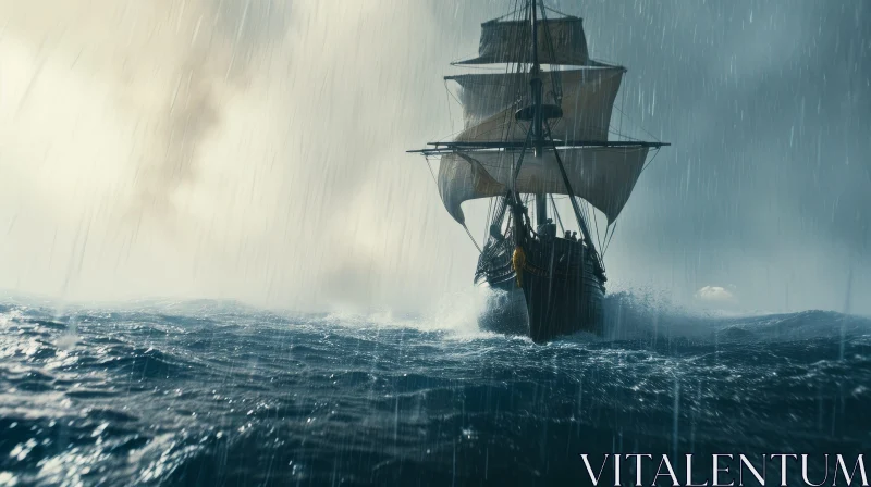 Courage in the Storm: A Captivating Digital Painting of a Sailing Ship in a Stormy Sea AI Image