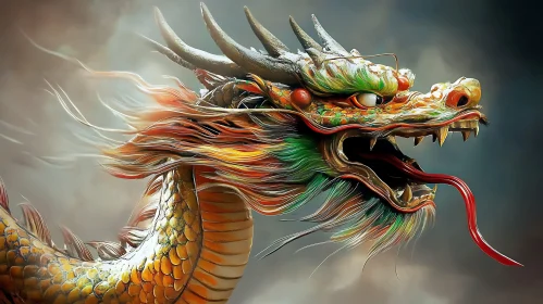 Colorful Dragon Head with a Long Tongue