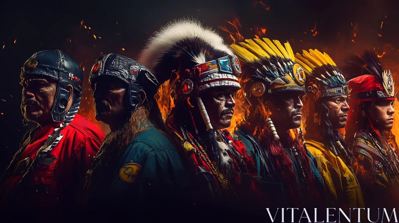 Native American Warriors with Fiery Backdrop AI Image