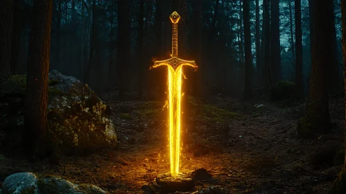 Glowing Sword in Dark Woods