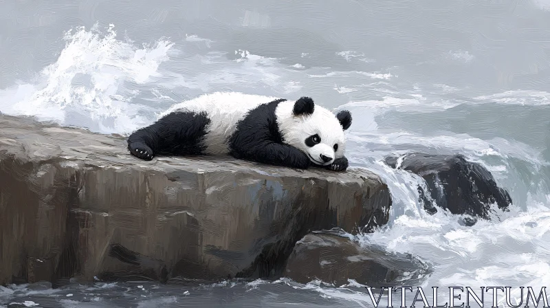 AI ART Peaceful Panda on Coastal Rocks