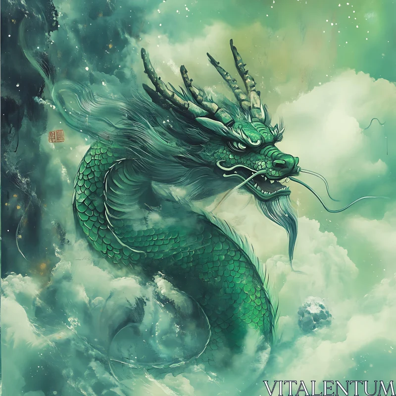 AI ART Mythical Green Dragon in the Sky