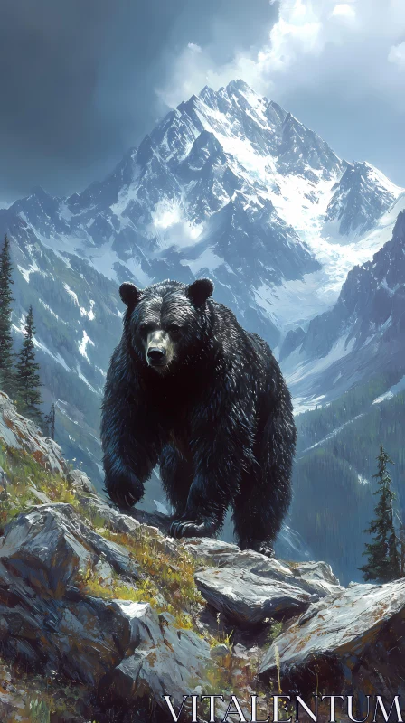 Bear in Rugged Mountain Scenery AI Image