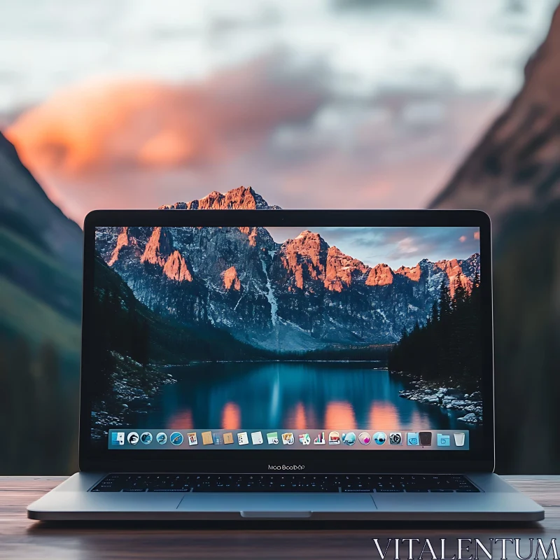 Mountain Reflection on Laptop Screen at Sunset AI Image