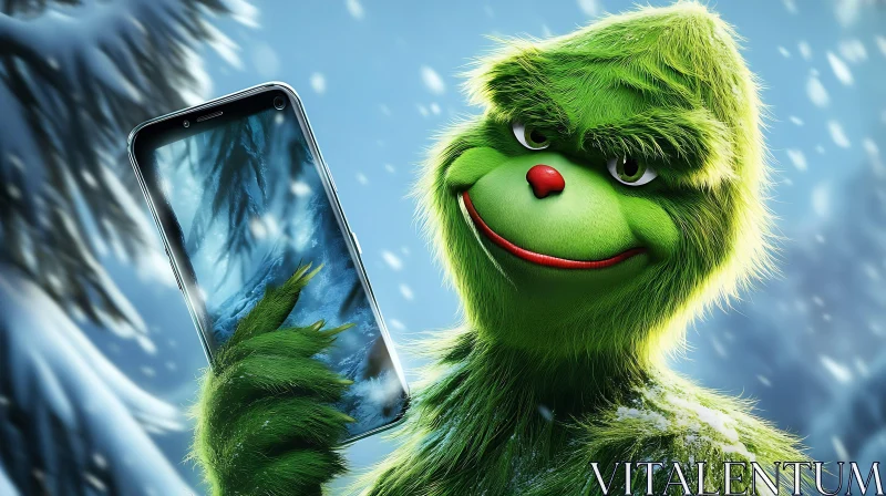 Whimsical Grinch with Smartphone AI Image