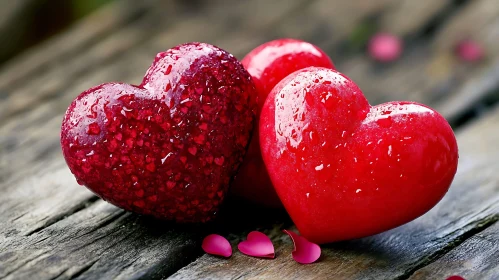 Two Red Hearts on a Wooden Surface