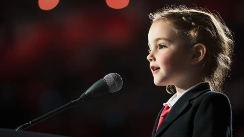 Portrait of Girl Speaking at Microphone